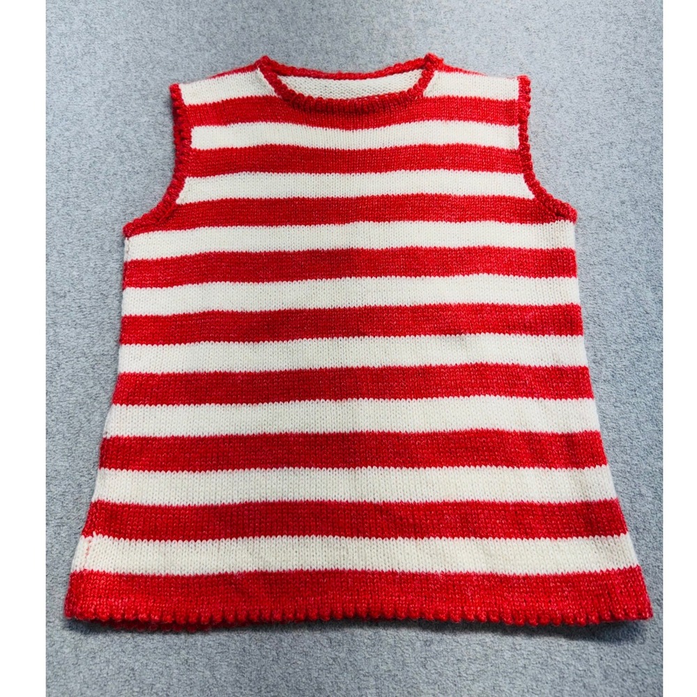 Hand Knit Red White Striped Sweater Vest Womens S Sleeveless Pullover Retro